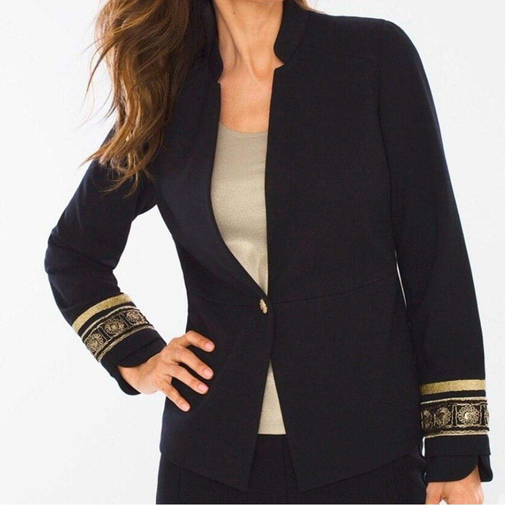 Chico's Ponte Cuff Detail Black Jacket with gold-tone embroidery at the cuffs